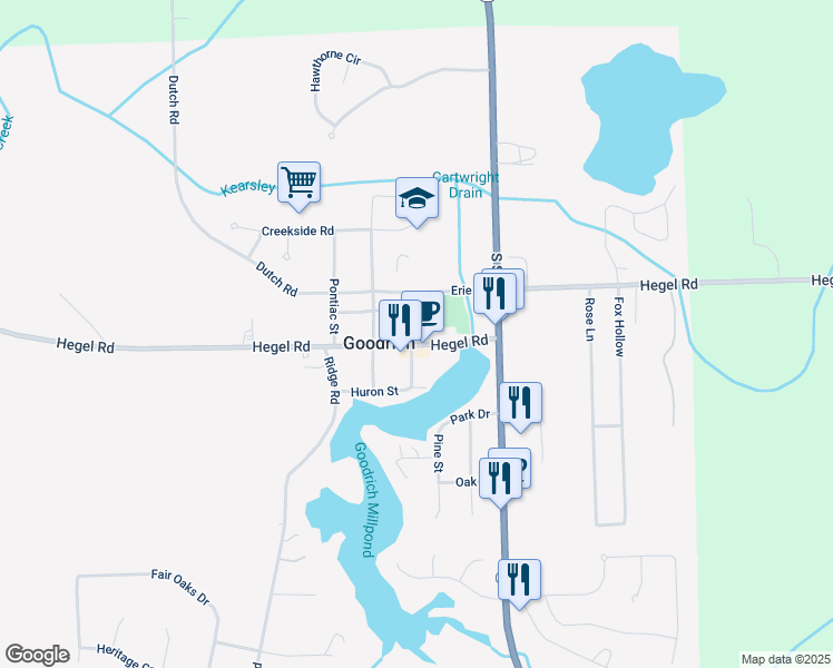 map of restaurants, bars, coffee shops, grocery stores, and more near 10242 Hegel Road in Goodrich