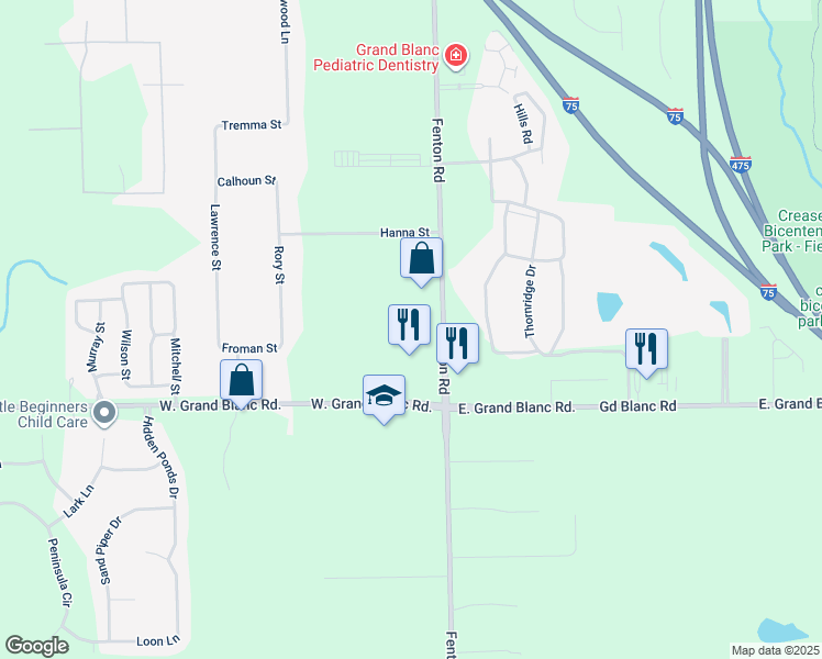 map of restaurants, bars, coffee shops, grocery stores, and more near 7470 Fenton Road in Grand Blanc