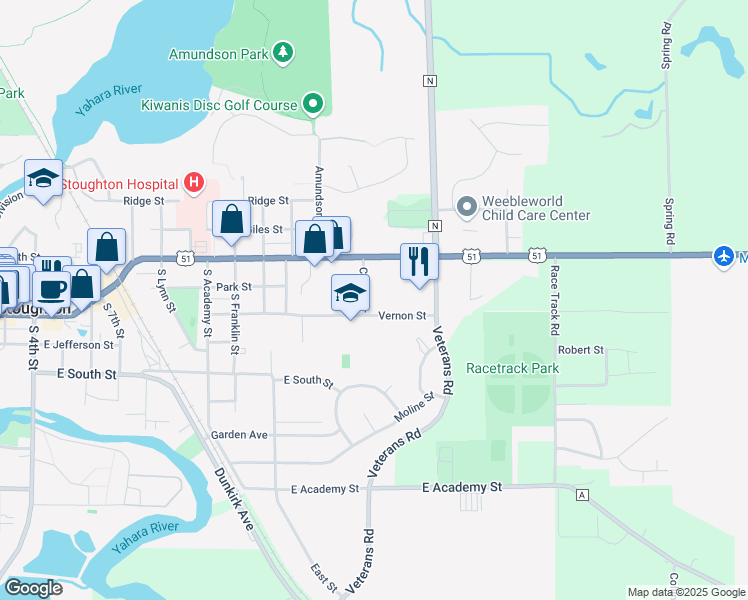 map of restaurants, bars, coffee shops, grocery stores, and more near 1512 Vernon Street in Stoughton