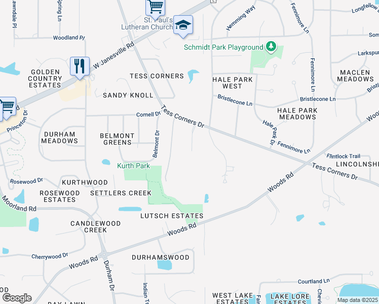 map of restaurants, bars, coffee shops, grocery stores, and more near S69W14105 Tess Corners Drive in Muskego