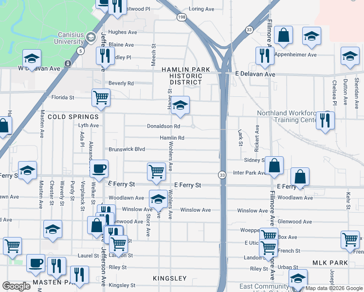 map of restaurants, bars, coffee shops, grocery stores, and more near in Buffalo