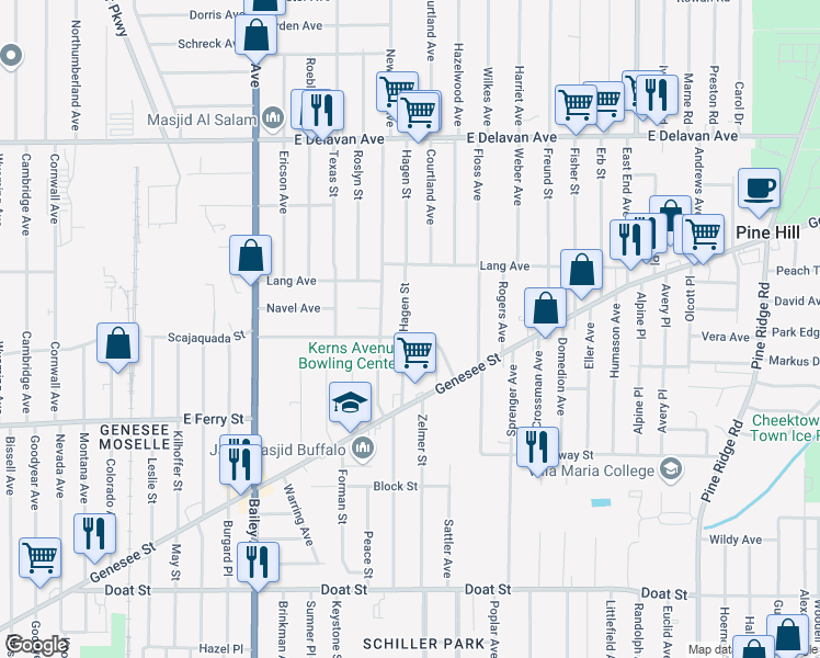 map of restaurants, bars, coffee shops, grocery stores, and more near 81 Hagen Street in Buffalo