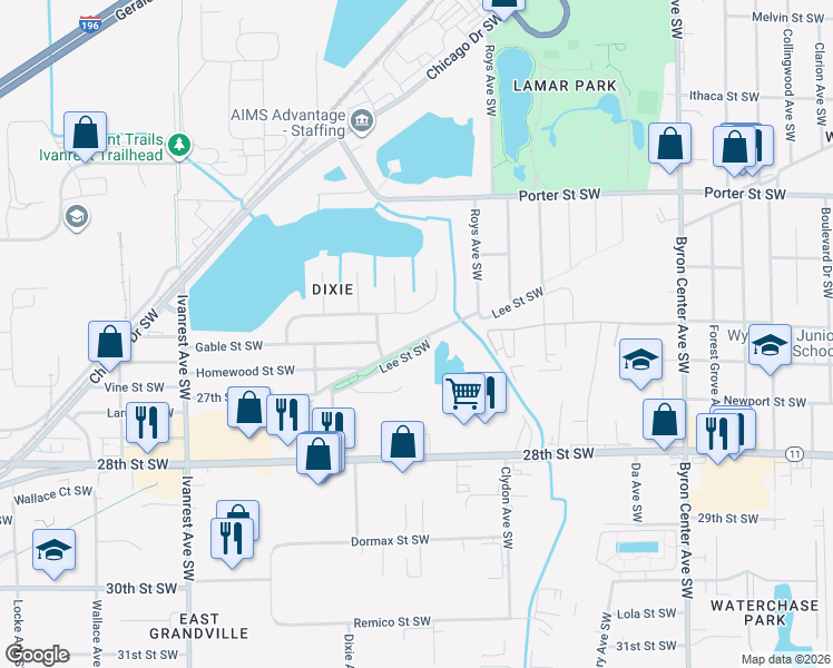 map of restaurants, bars, coffee shops, grocery stores, and more near 2831 Bluewater Lane Southwest in Grandville