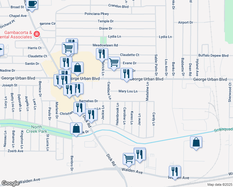 map of restaurants, bars, coffee shops, grocery stores, and more near 8 Mary Lou Lane in Depew
