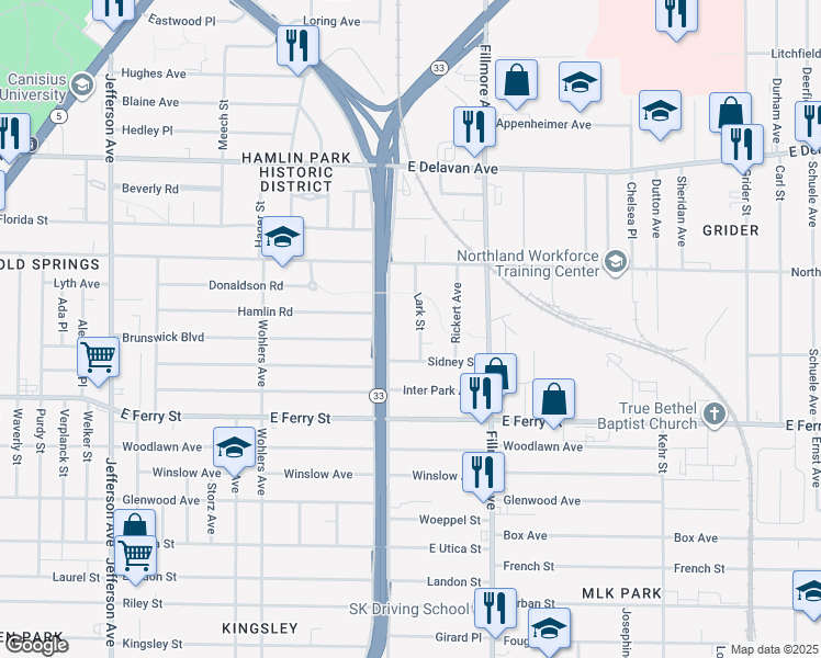 map of restaurants, bars, coffee shops, grocery stores, and more near 626 Humboldt Parkway in Buffalo