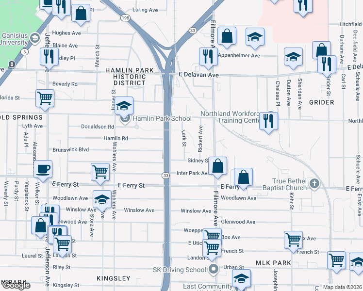 map of restaurants, bars, coffee shops, grocery stores, and more near 55 Lark Street in Buffalo