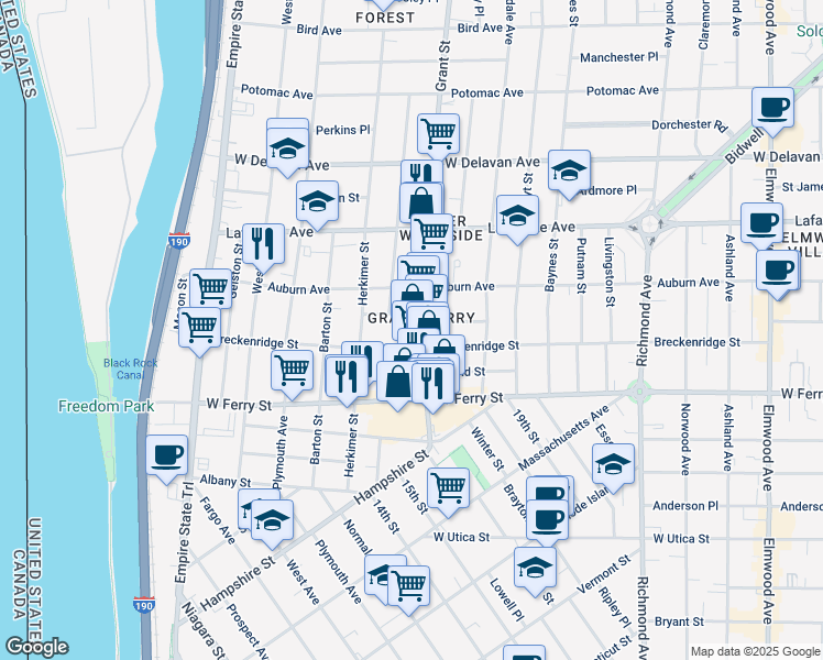 map of restaurants, bars, coffee shops, grocery stores, and more near 142 Grant Street in Buffalo