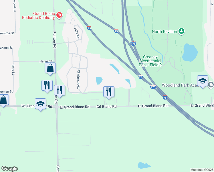 map of restaurants, bars, coffee shops, grocery stores, and more near 1350 Winding Ridge Drive in Grand Blanc