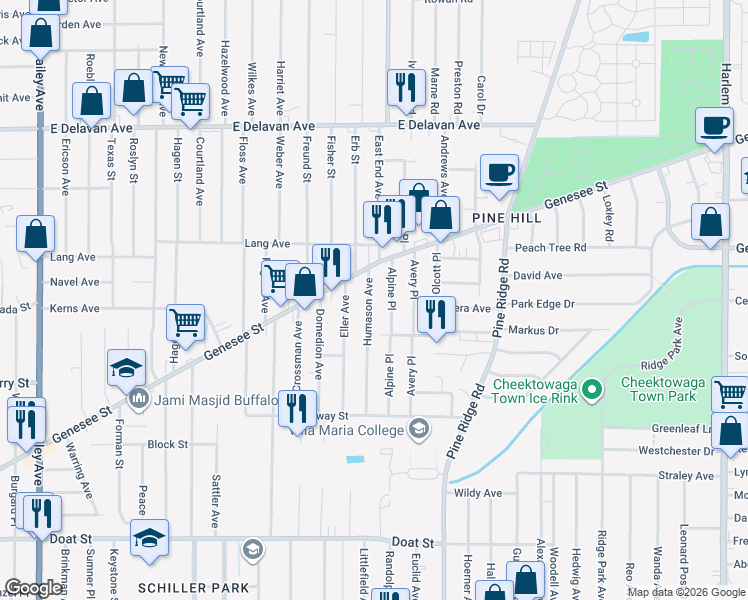 map of restaurants, bars, coffee shops, grocery stores, and more near 127 Humason Avenue in Buffalo