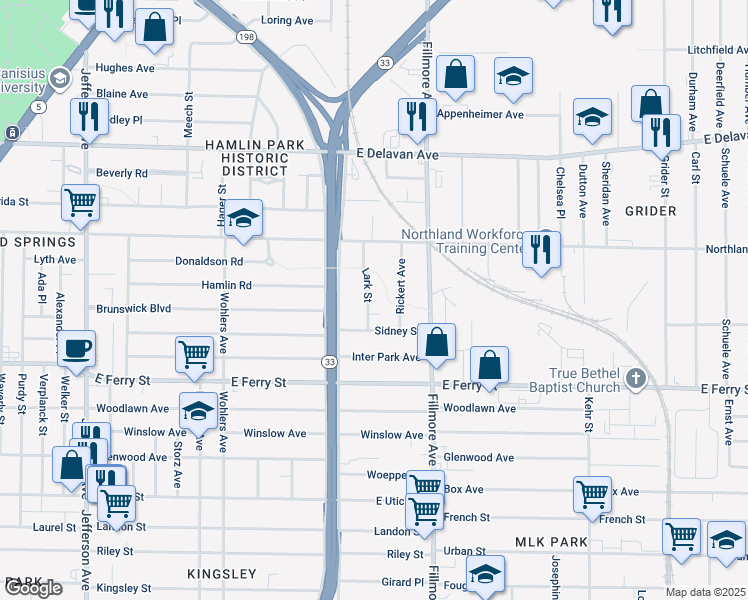 map of restaurants, bars, coffee shops, grocery stores, and more near 31 Lark Street in Buffalo