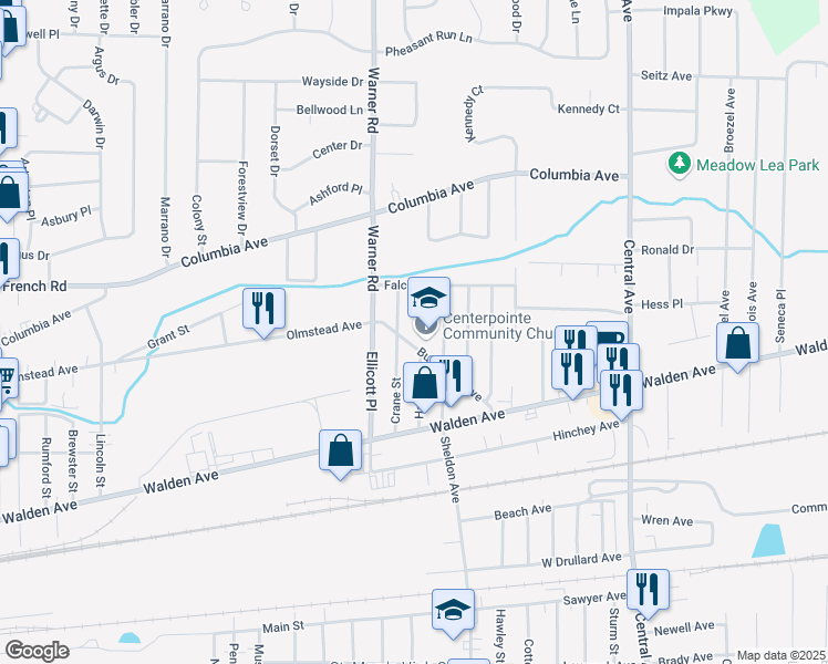 map of restaurants, bars, coffee shops, grocery stores, and more near 127 Crane Street in Depew