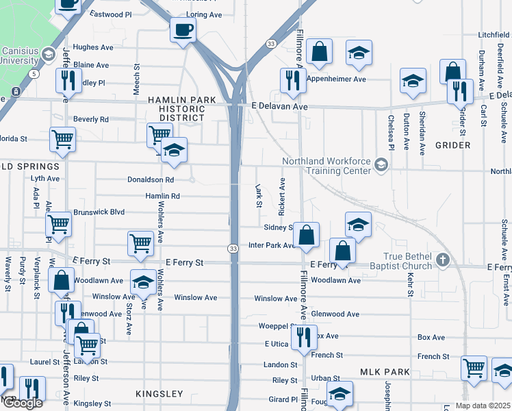 map of restaurants, bars, coffee shops, grocery stores, and more near 55 Lark Street in Buffalo