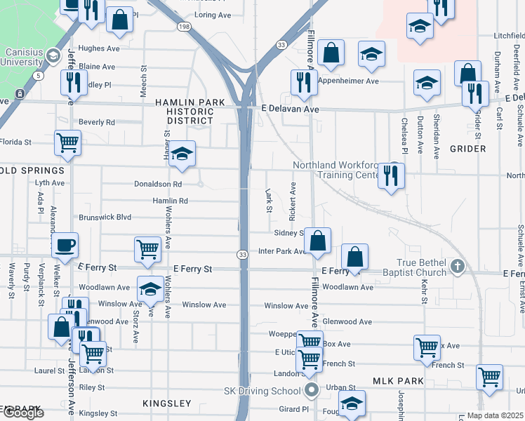 map of restaurants, bars, coffee shops, grocery stores, and more near 626 Humboldt Parkway in Buffalo