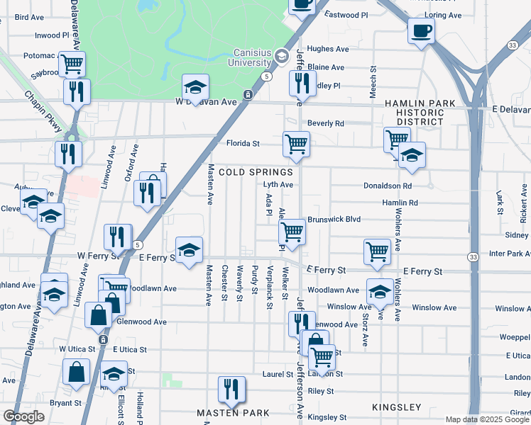 map of restaurants, bars, coffee shops, grocery stores, and more near 281 Purdy Street in Buffalo