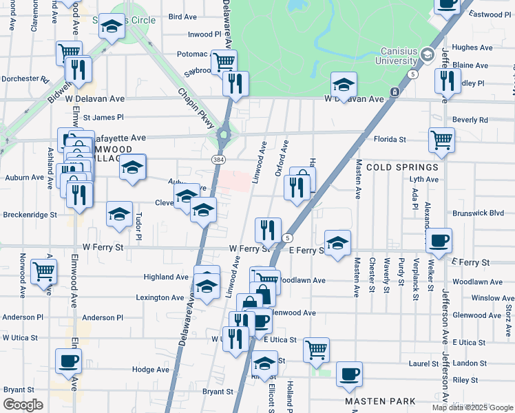 map of restaurants, bars, coffee shops, grocery stores, and more near 573 Linwood Avenue in Buffalo