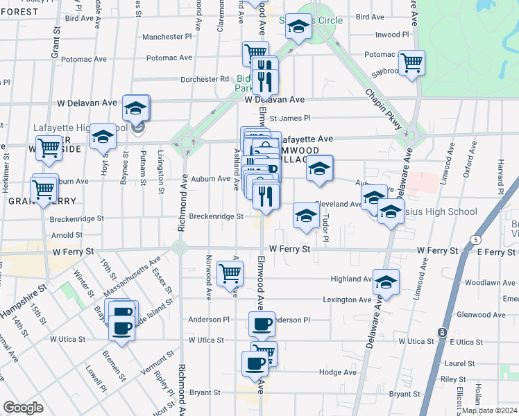 map of restaurants, bars, coffee shops, grocery stores, and more near 766 Elmwood Avenue in Buffalo