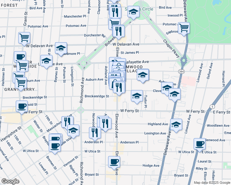 map of restaurants, bars, coffee shops, grocery stores, and more near 766 Elmwood Avenue in Buffalo