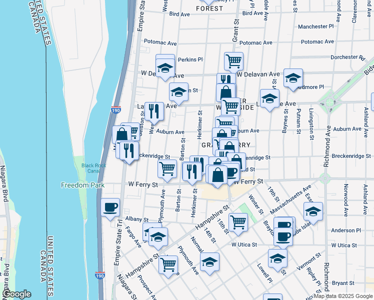 map of restaurants, bars, coffee shops, grocery stores, and more near 179 Auburn Avenue in Buffalo