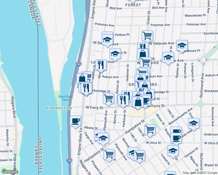 map of restaurants, bars, coffee shops, grocery stores, and more near 39 Dewitt Street in Buffalo