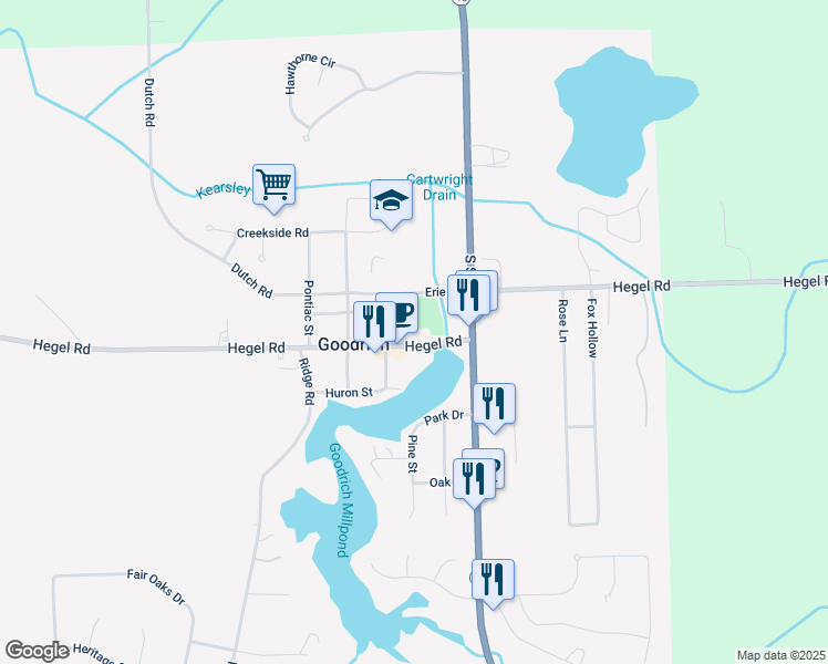map of restaurants, bars, coffee shops, grocery stores, and more near 8038 Clarence Street in Goodrich