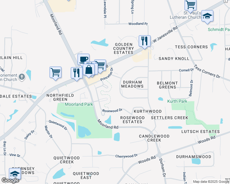 map of restaurants, bars, coffee shops, grocery stores, and more near W151S7011 Cornell Circle in Muskego