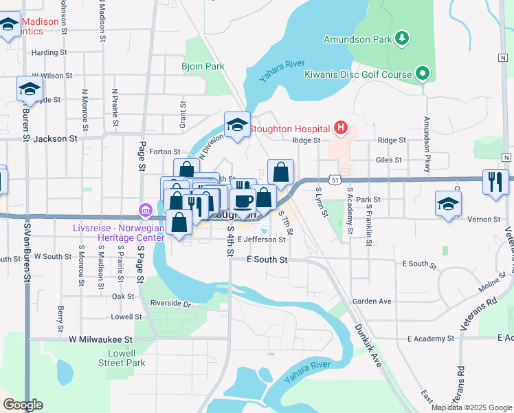 map of restaurants, bars, coffee shops, grocery stores, and more near 116 Fifth Street in Stoughton