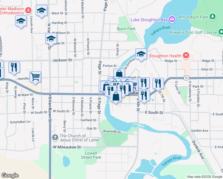 map of restaurants, bars, coffee shops, grocery stores, and more near 128 West Washington Street in Stoughton