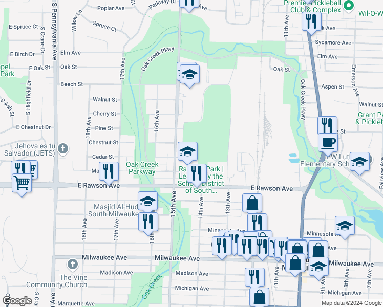 map of restaurants, bars, coffee shops, grocery stores, and more near 1410 Rawson Avenue in South Milwaukee