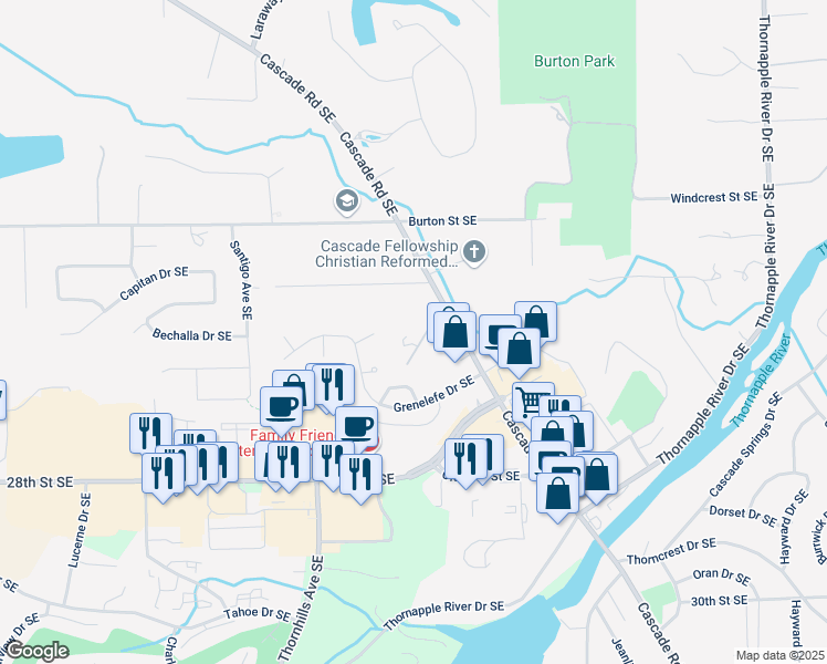 map of restaurants, bars, coffee shops, grocery stores, and more near 6710 Cascade Road Southeast in Grand Rapids