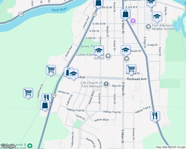 map of restaurants, bars, coffee shops, grocery stores, and more near 320 Rockwell Avenue in Fort Atkinson