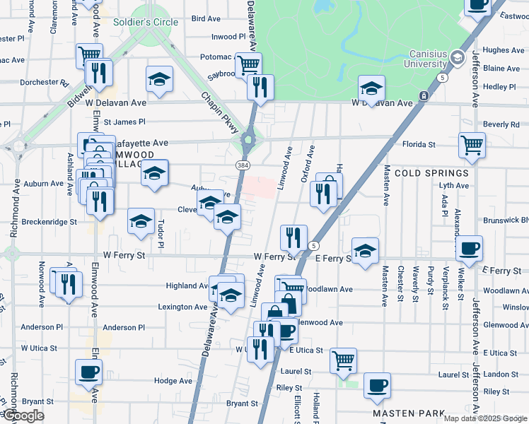 map of restaurants, bars, coffee shops, grocery stores, and more near 550 Linwood Avenue in Buffalo