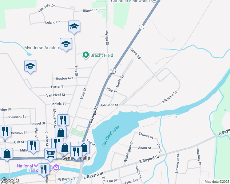 map of restaurants, bars, coffee shops, grocery stores, and more near Pine Street in Seneca Falls