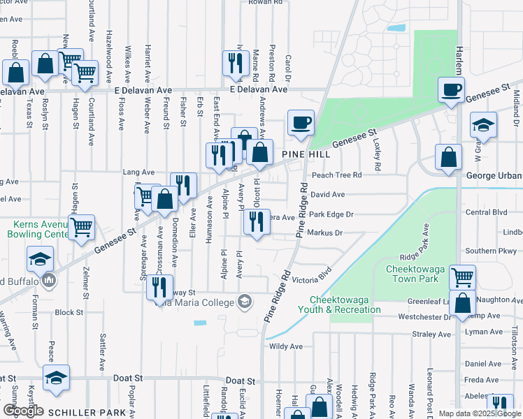 map of restaurants, bars, coffee shops, grocery stores, and more near 15 Olcott Place in Buffalo