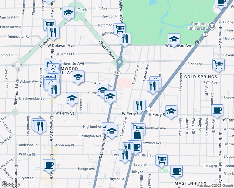 map of restaurants, bars, coffee shops, grocery stores, and more near 1255 Delaware Avenue in Buffalo