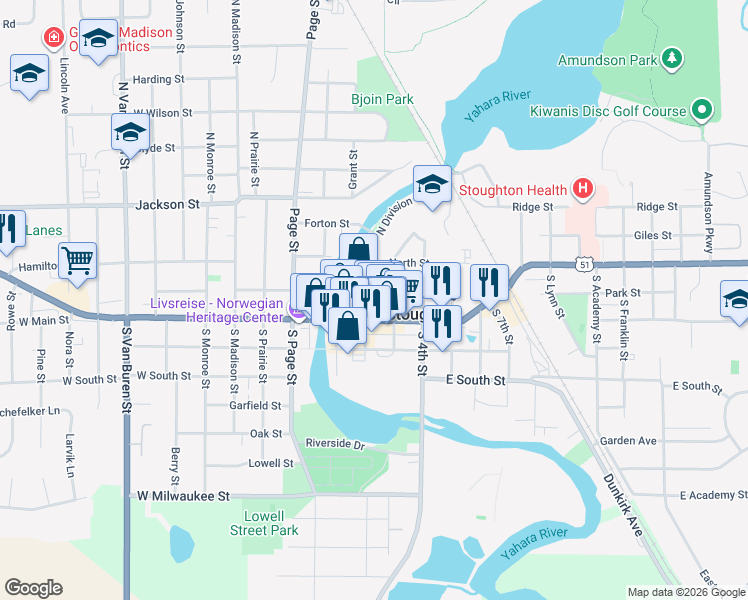 map of restaurants, bars, coffee shops, grocery stores, and more near 117 South Division Street in Stoughton
