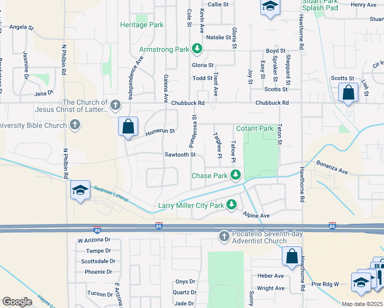map of restaurants, bars, coffee shops, grocery stores, and more near 4646 Ponderosa Street in Pocatello
