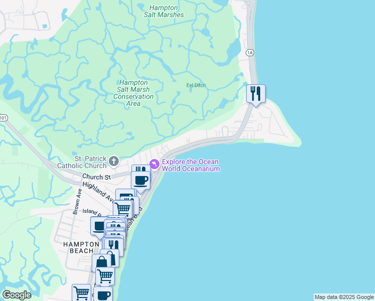 map of restaurants, bars, coffee shops, grocery stores, and more near 419 Ocean Boulevard in Hampton