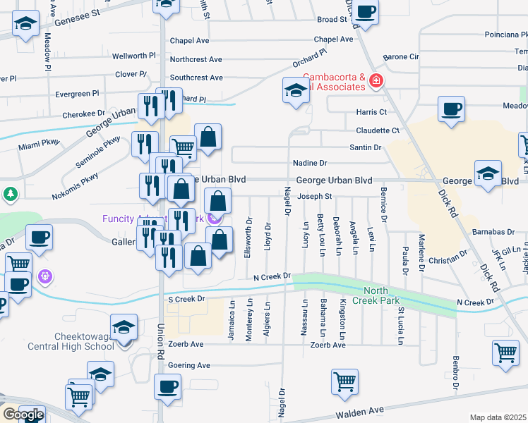 map of restaurants, bars, coffee shops, grocery stores, and more near 27 Joseph Street in Buffalo