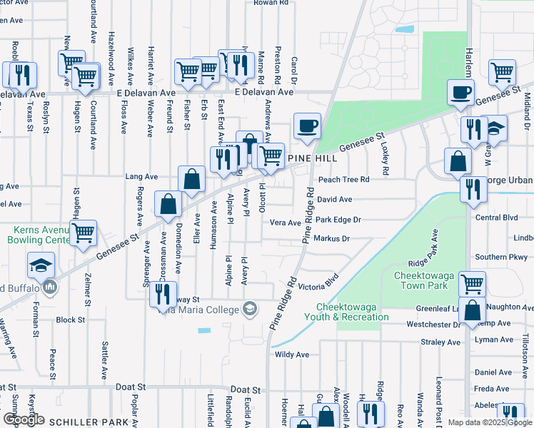 map of restaurants, bars, coffee shops, grocery stores, and more near 15 Olcott Place in Buffalo