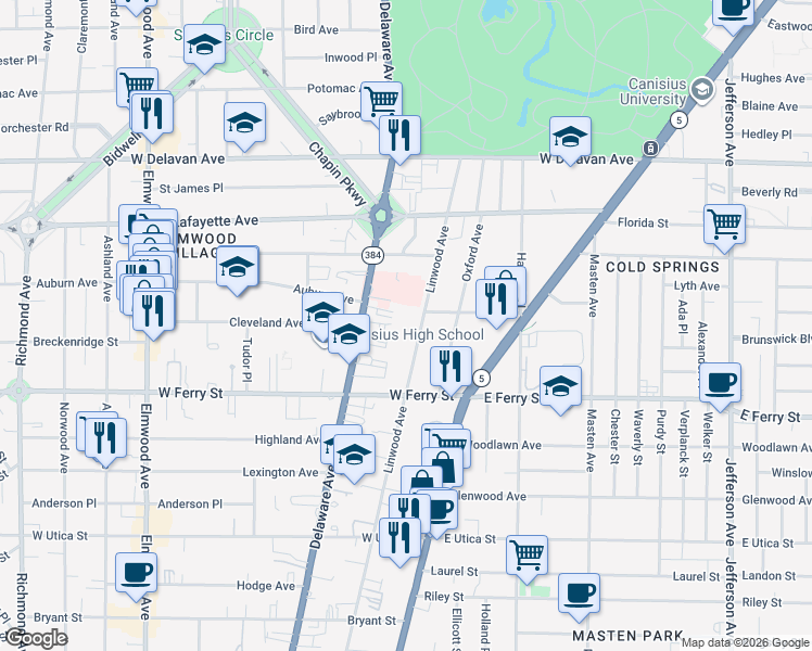 map of restaurants, bars, coffee shops, grocery stores, and more near 550 Linwood Avenue in Buffalo