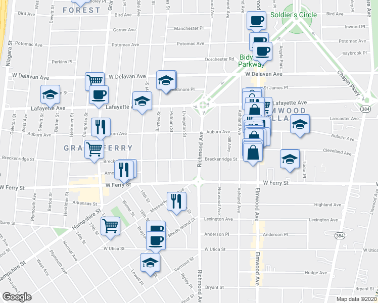 map of restaurants, bars, coffee shops, grocery stores, and more near 88 Livingston Street in Buffalo