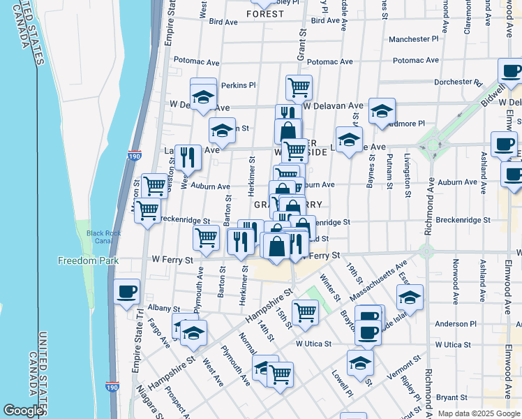 map of restaurants, bars, coffee shops, grocery stores, and more near 191 Herkimer Street in Buffalo
