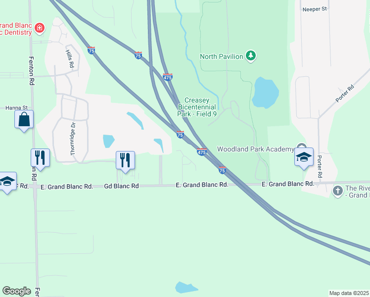 map of restaurants, bars, coffee shops, grocery stores, and more near 43 Hunters Run Drive in Grand Blanc