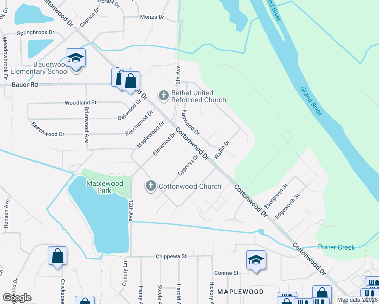 map of restaurants, bars, coffee shops, grocery stores, and more near 8257 Cottonwood Drive in Georgetown Township