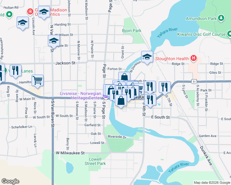 map of restaurants, bars, coffee shops, grocery stores, and more near 128 West Washington Street in Stoughton