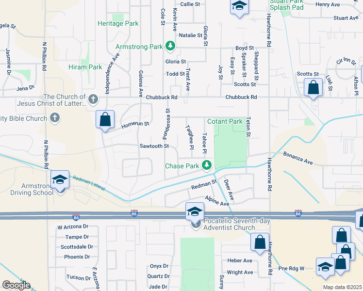 map of restaurants, bars, coffee shops, grocery stores, and more near 4643 Targhee Place in Pocatello