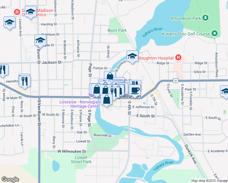 map of restaurants, bars, coffee shops, grocery stores, and more near 117 South Division Street in Stoughton