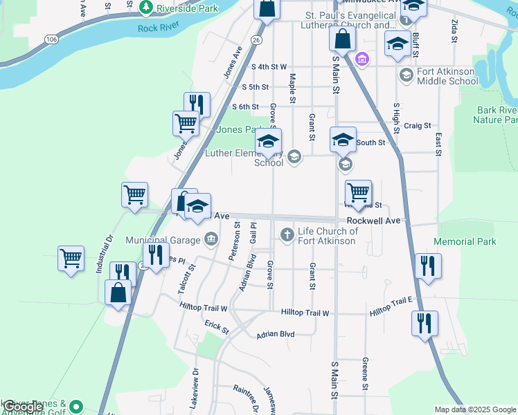 map of restaurants, bars, coffee shops, grocery stores, and more near 310 Rockwell Avenue in Fort Atkinson