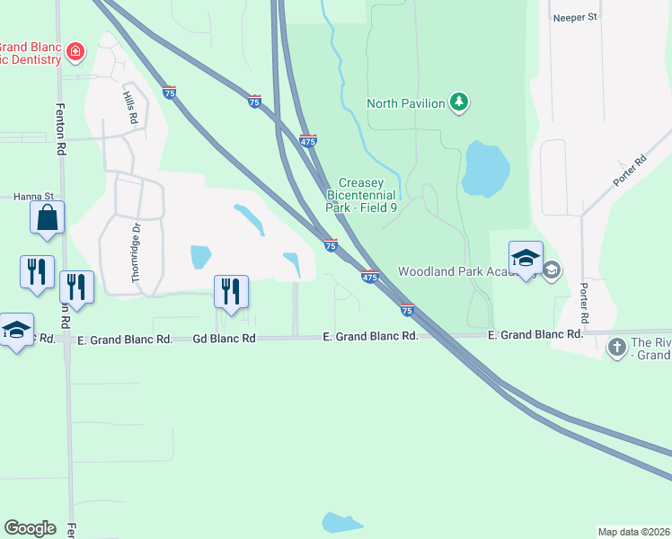 map of restaurants, bars, coffee shops, grocery stores, and more near 43 Hunters Run Drive in Grand Blanc Township