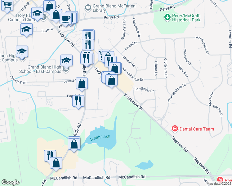 map of restaurants, bars, coffee shops, grocery stores, and more near 12900 South Saginaw Street in Grand Blanc